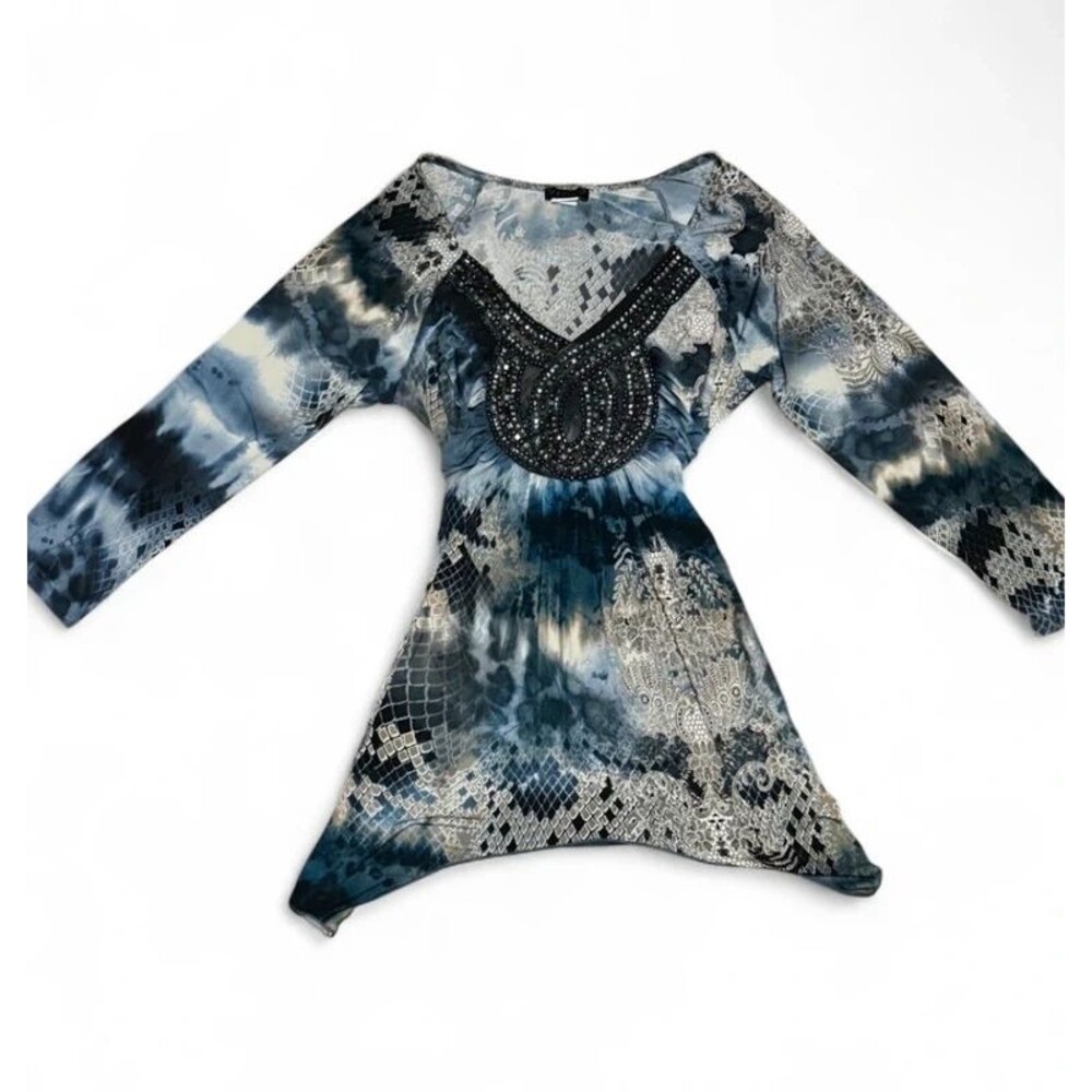 Vintage Y2K Blue Venus Beaded Handkerchief Hem Top